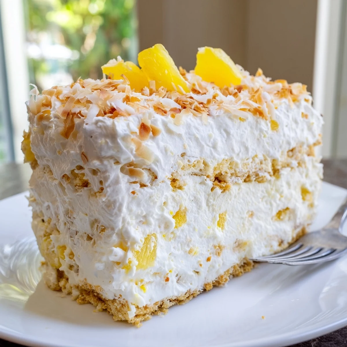 Tropical no bake pineapple coconut cream cake with fluffy whipped filling on a graham cracker crust