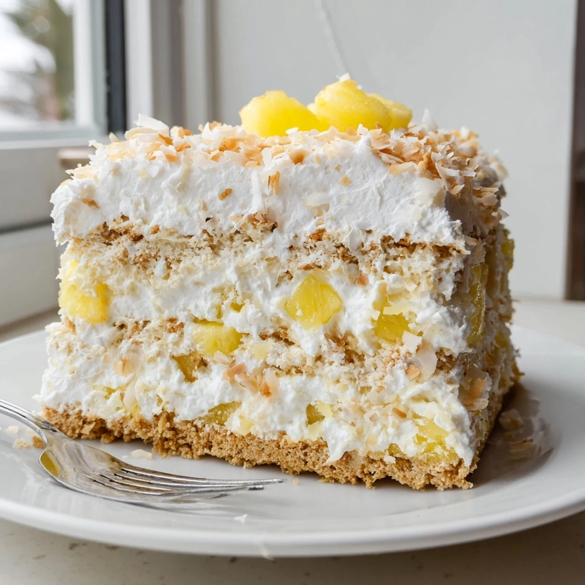 Creamy no bake pineapple coconut cream cake sliced and topped with golden toasted coconut flakes