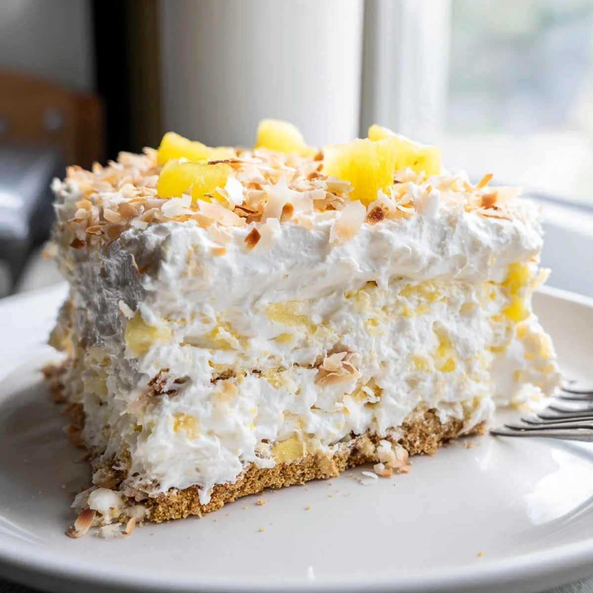 Chilled no bake pineapple coconut cream cake garnished with fresh pineapple chunks and crispy coconut shreds