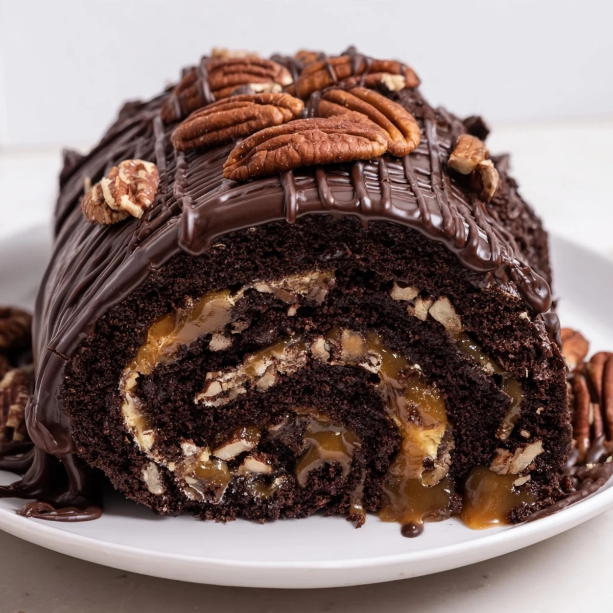 Gooey Chocolate Caramel Turtle Cake Roll drizzled with ganache and sprinkled with toasted pecans