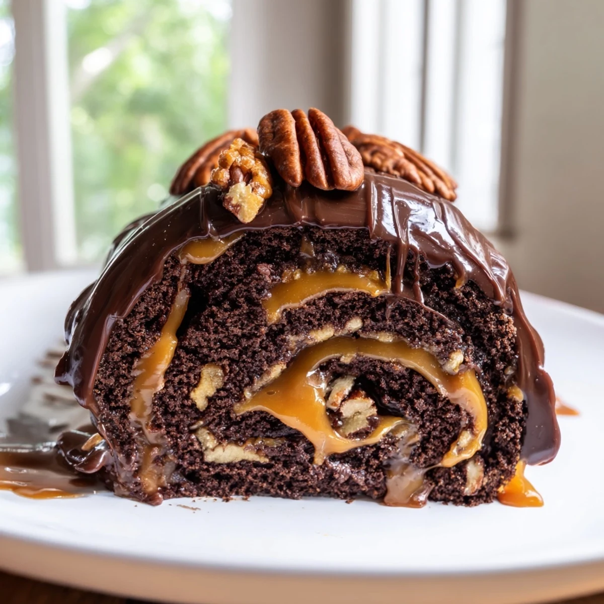 A slice of Gooey Chocolate Caramel Turtle Cake Roll on a dessert plate with caramel dripping down the sides