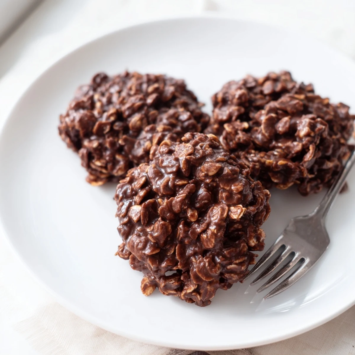 Fudgy chocolate oatmeal no bake cookies piled on a rustic parchment-lined baking sheet