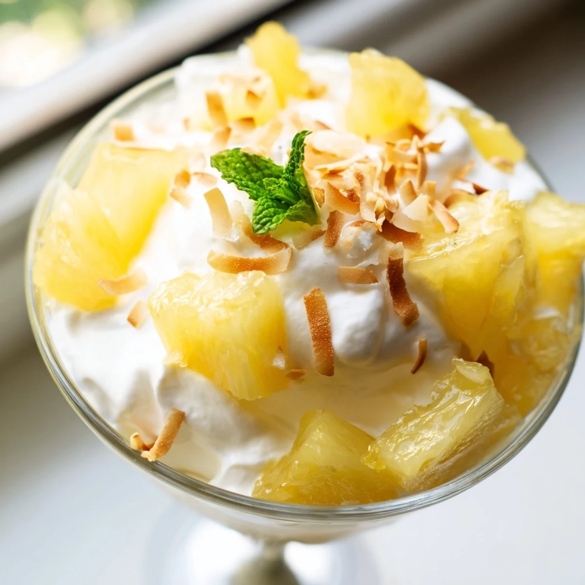 Mini pineapple condensed coconut milk served in small dessert cups with toasted coconut flakes