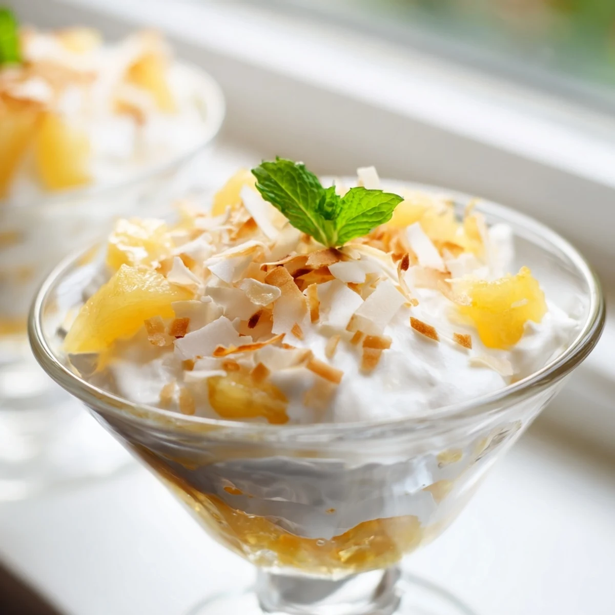 Chilled mini pineapple condensed coconut milk layered in glass cups for a tropical sweet treat
