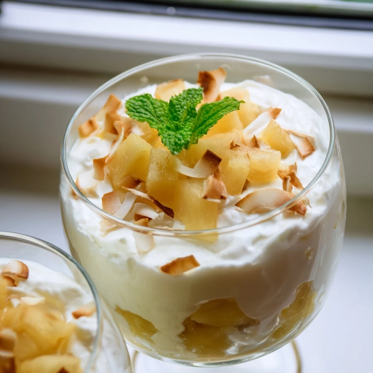 Creamy mini pineapple condensed coconut milk topped with fresh mint and golden coconut garnish