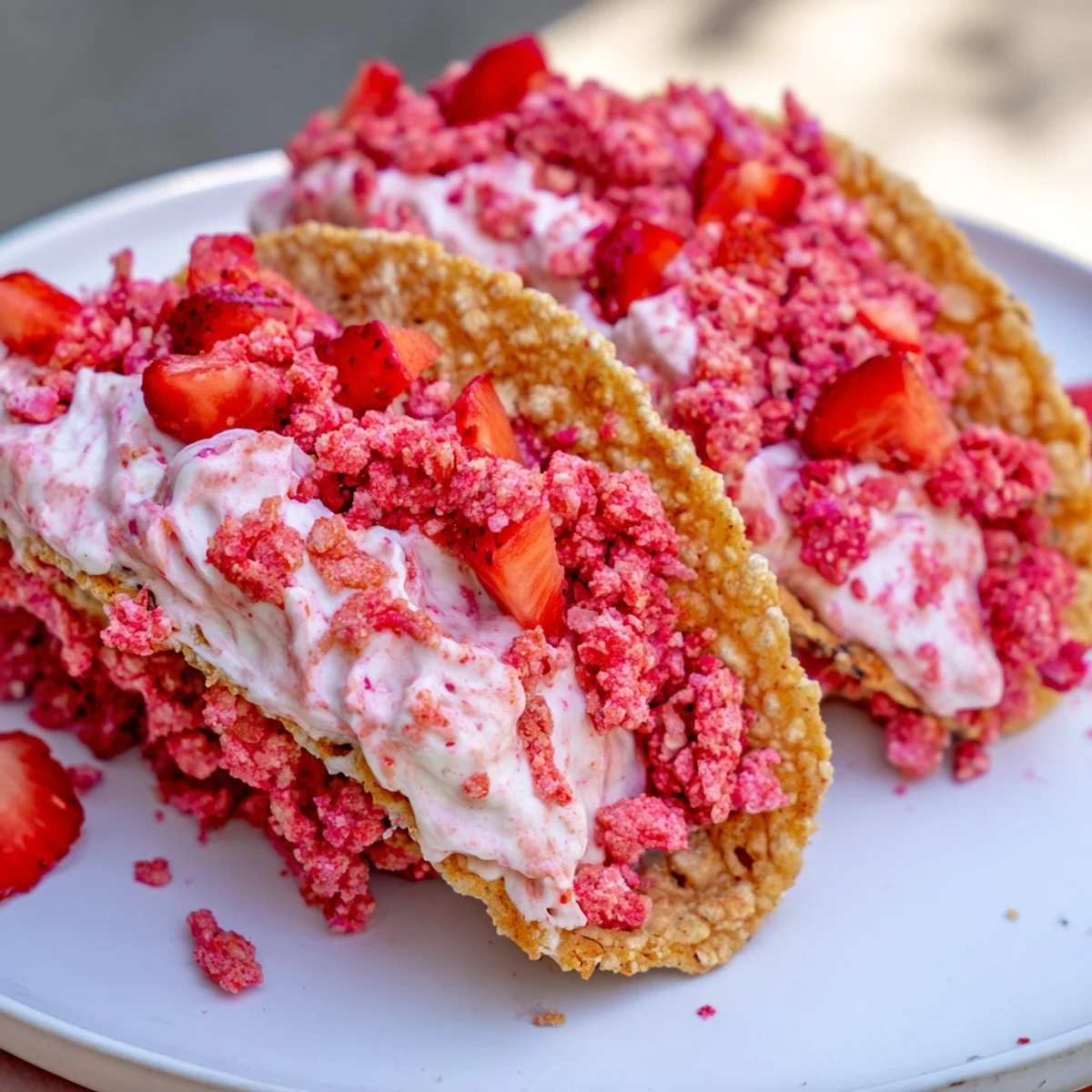 Crispy cinnamon sugar taco shells filled with creamy strawberry crunch cheesecake tacos topped with diced berries
