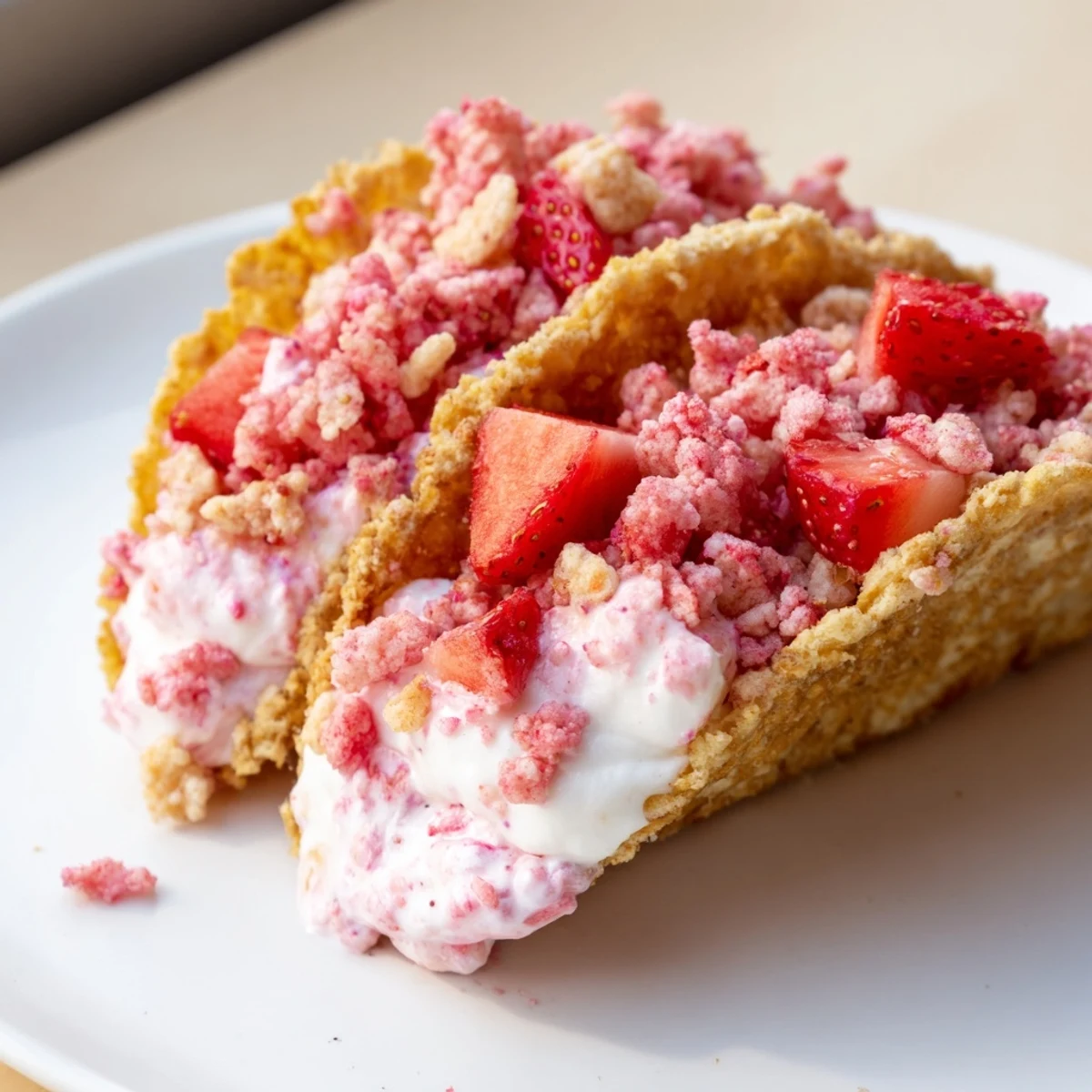 Golden baked tortilla shells overflowing with fluffy cheesecake mousse and vibrant strawberry crunch topping