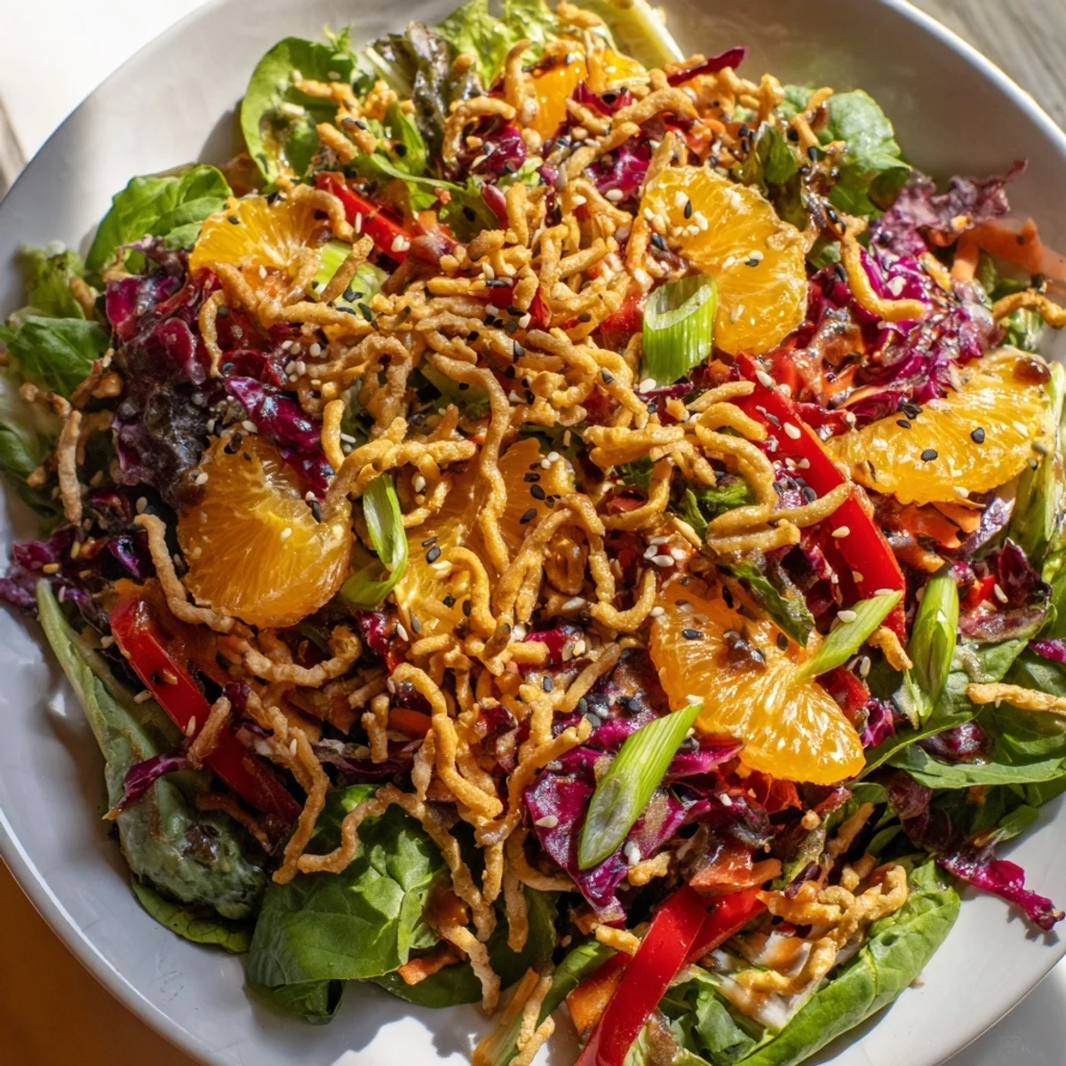 A vibrant Mandarin Sesame Crunch Salad with glossy orange segments and toasted sesame topping
