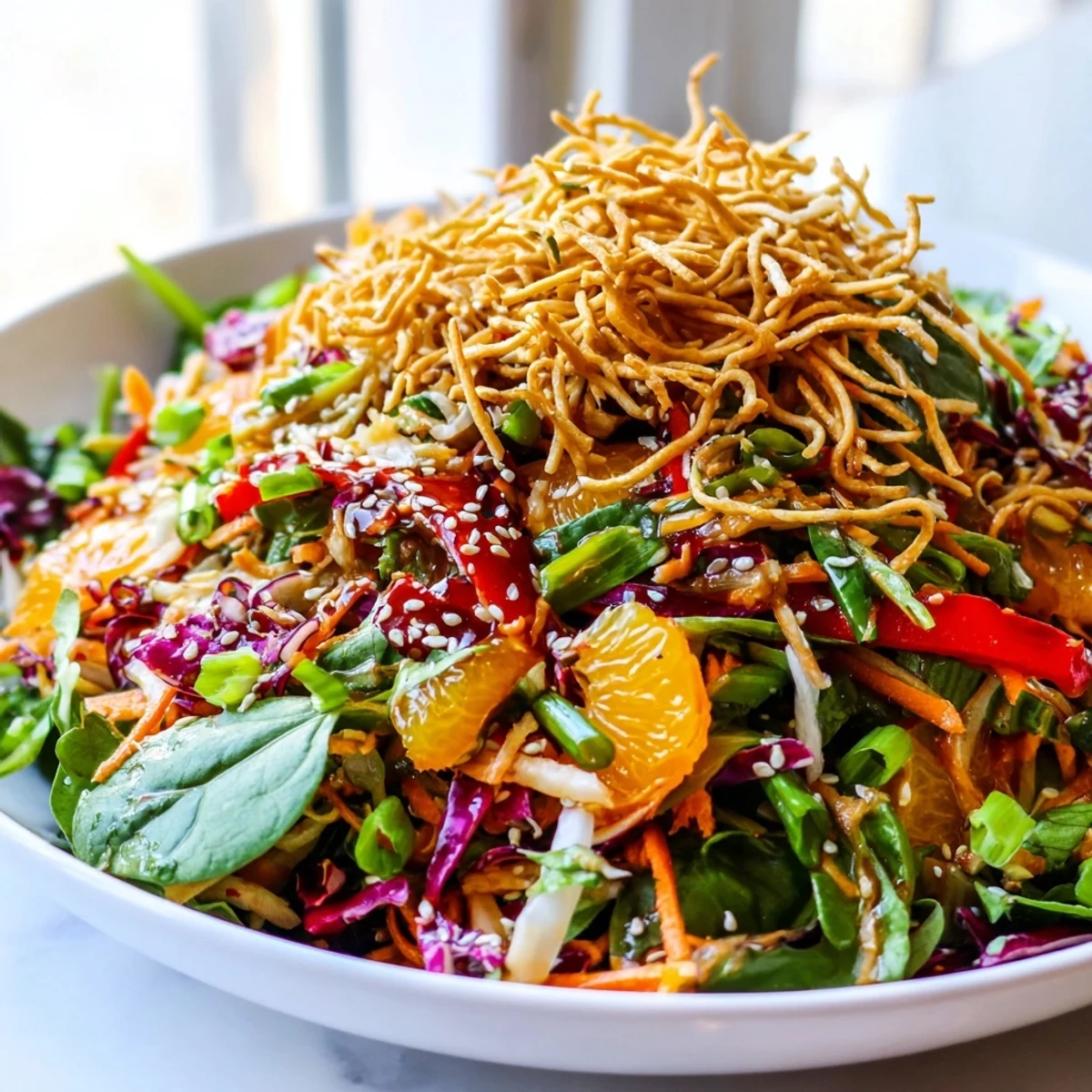 Crisp greens and juicy mandarin oranges drizzled with tangy dressing in Mandarin Sesame Crunch Salad