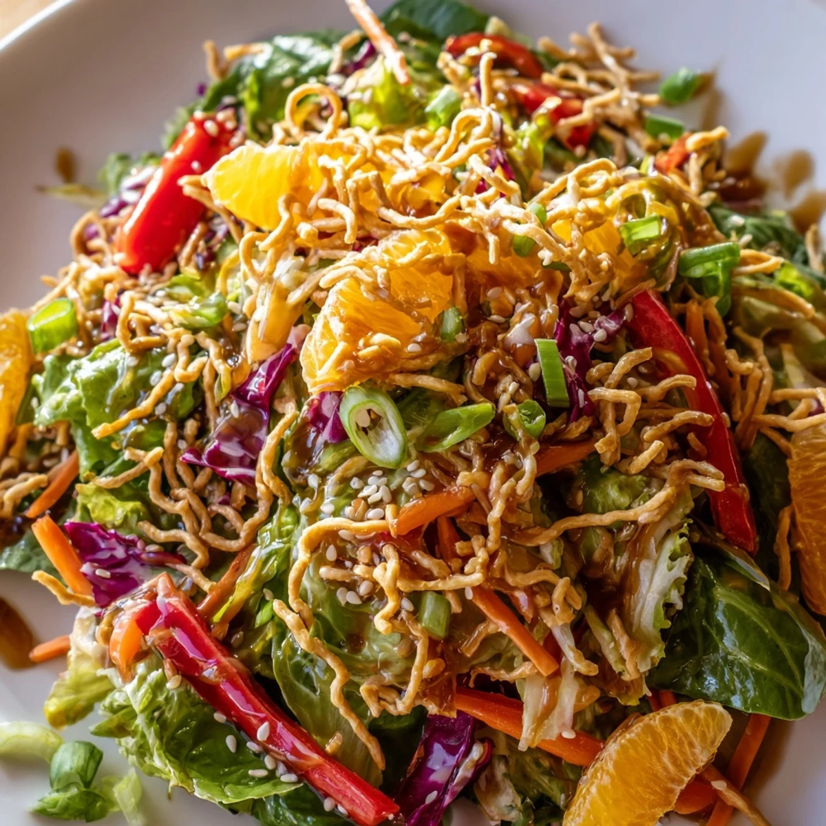 Colorful Mandarin Sesame Crunch Salad served in a bowl with crunchy noodles and fresh vegetables