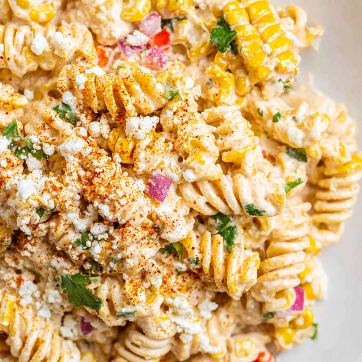 Creamy Elote Street Corn Pasta Salad topped with crumbled Cotija cheese and fresh cilantro
