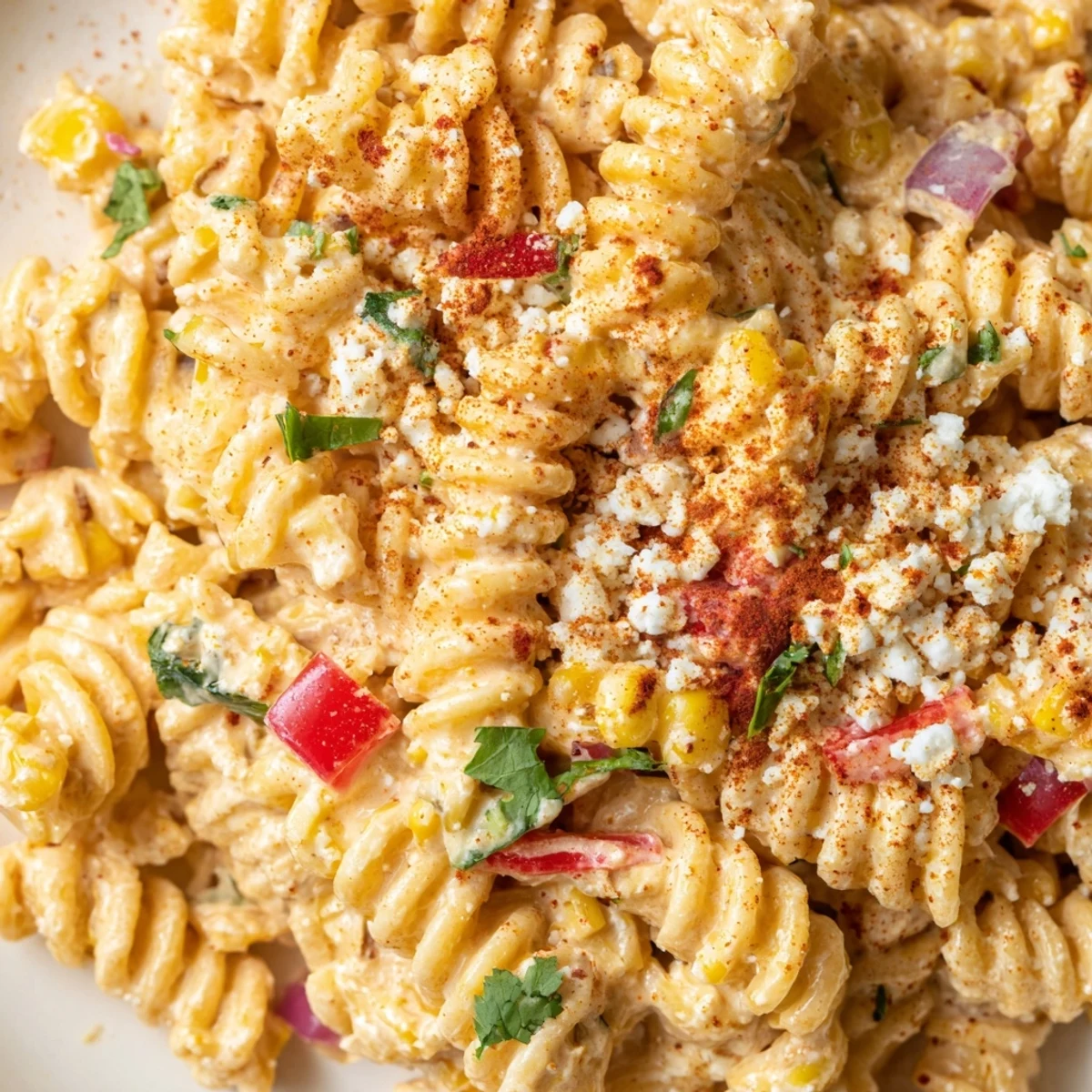 Charred corn and tender pasta tossed in zesty lime dressing in this Elote Street Corn Pasta Salad