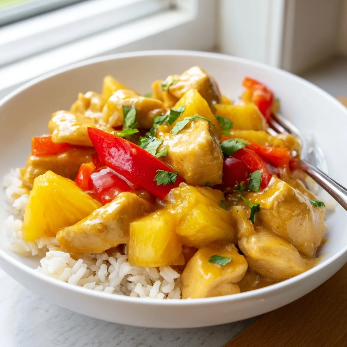Creamy Tropical Dinner Delight with golden chicken pineapple and coconut sauce over rice