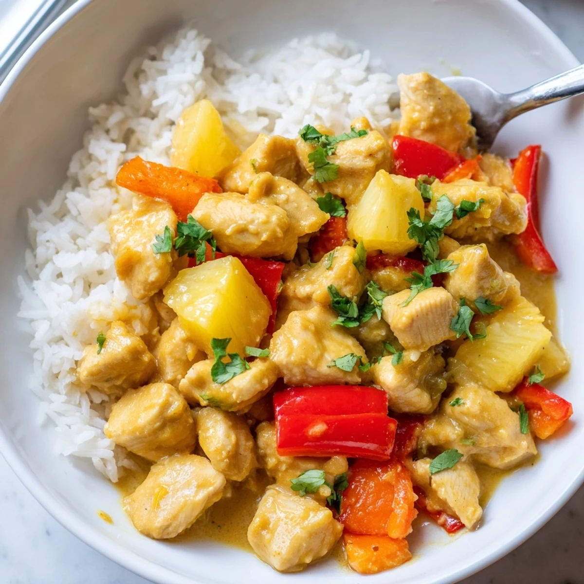 Tropical Dinner Delight featuring vibrant peppers juicy pineapple and cilantro garnish