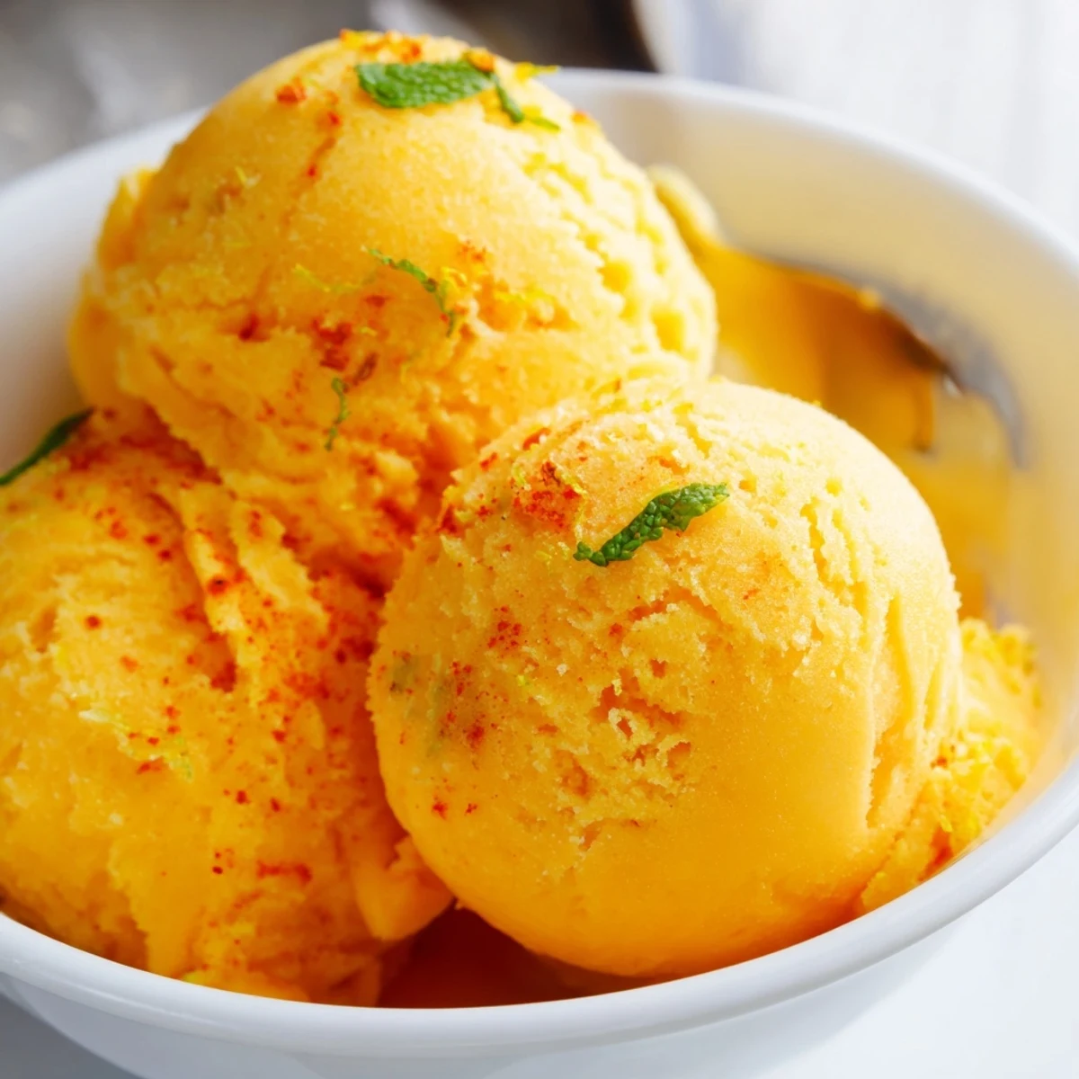 Golden scoops of creamy chili lime mango sorbet glistening in summer sunlight