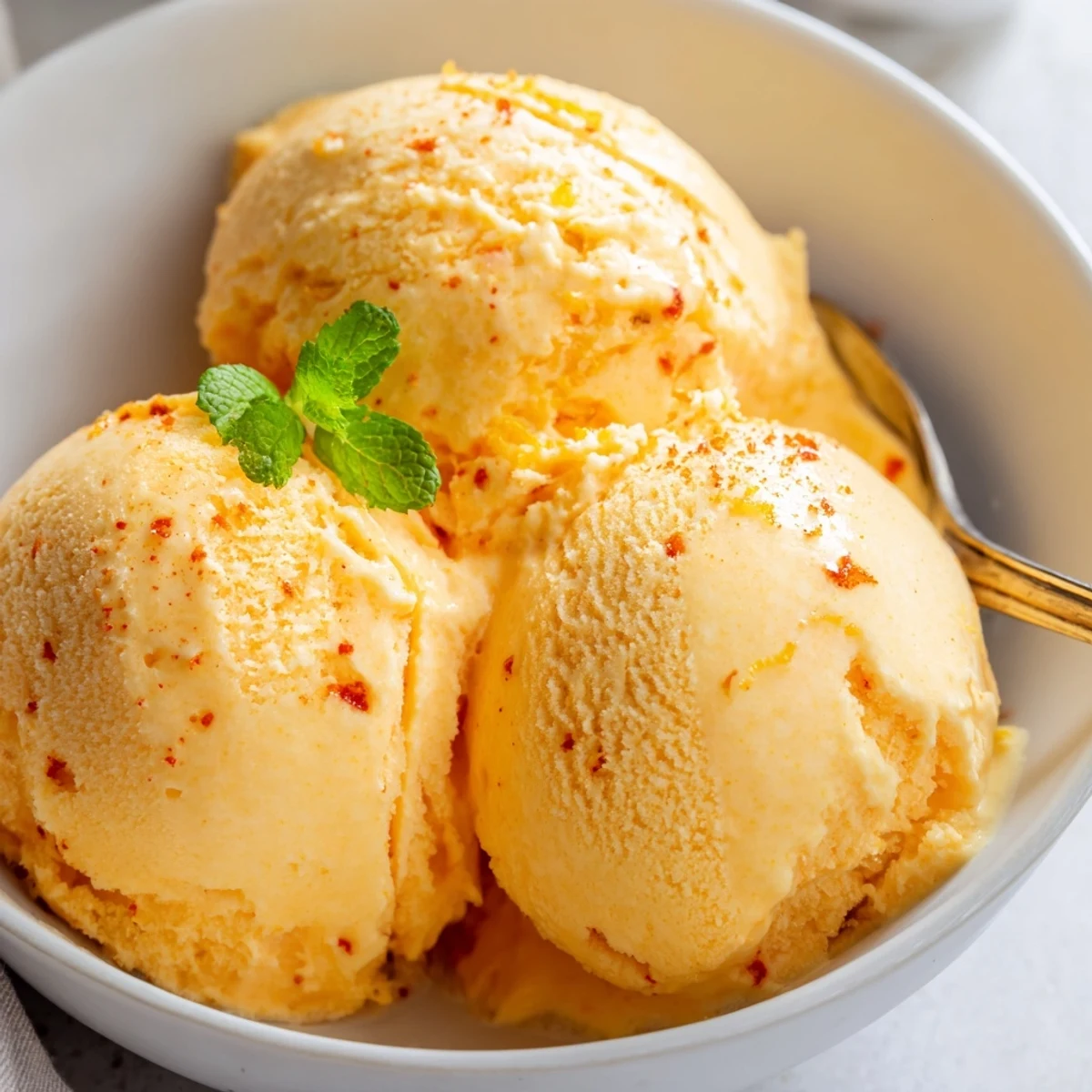 Smooth vegan chili lime mango sorbet topped with fresh lime zest
