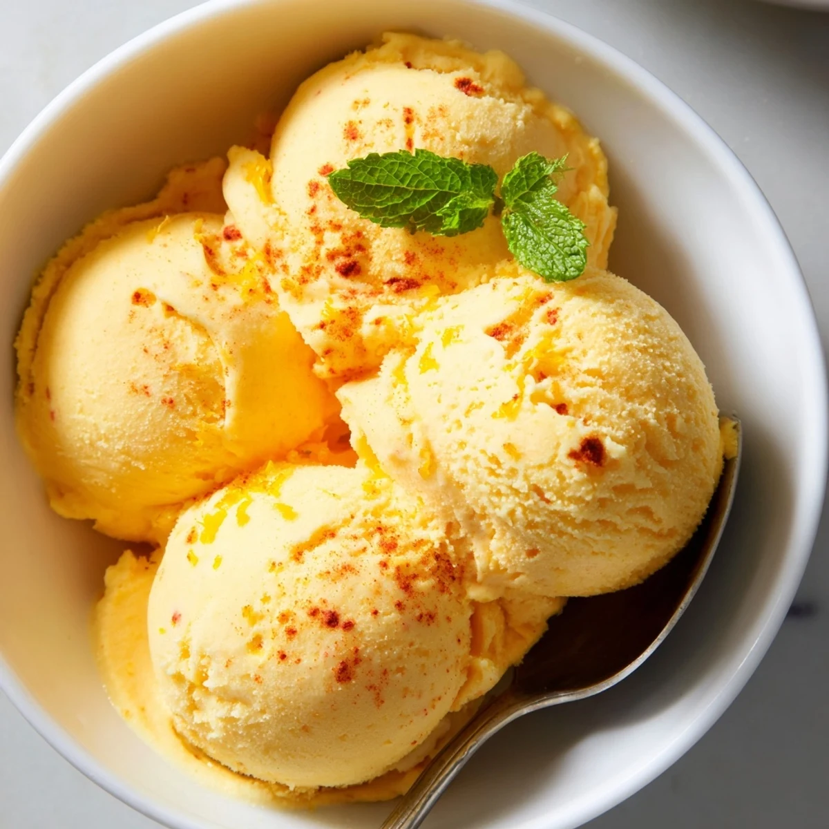 Creamy chili lime mango sorbet drizzled with coconut cream and mint leaves