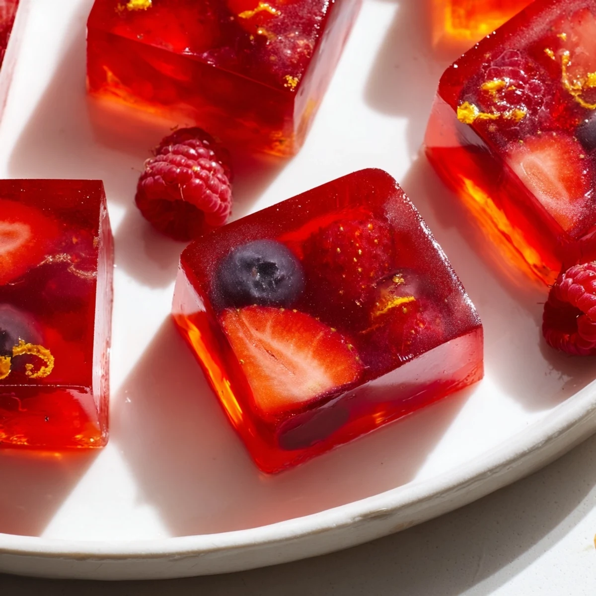 Glossy collagen fruit jellies in vibrant molds studded with fresh berries and citrus zest