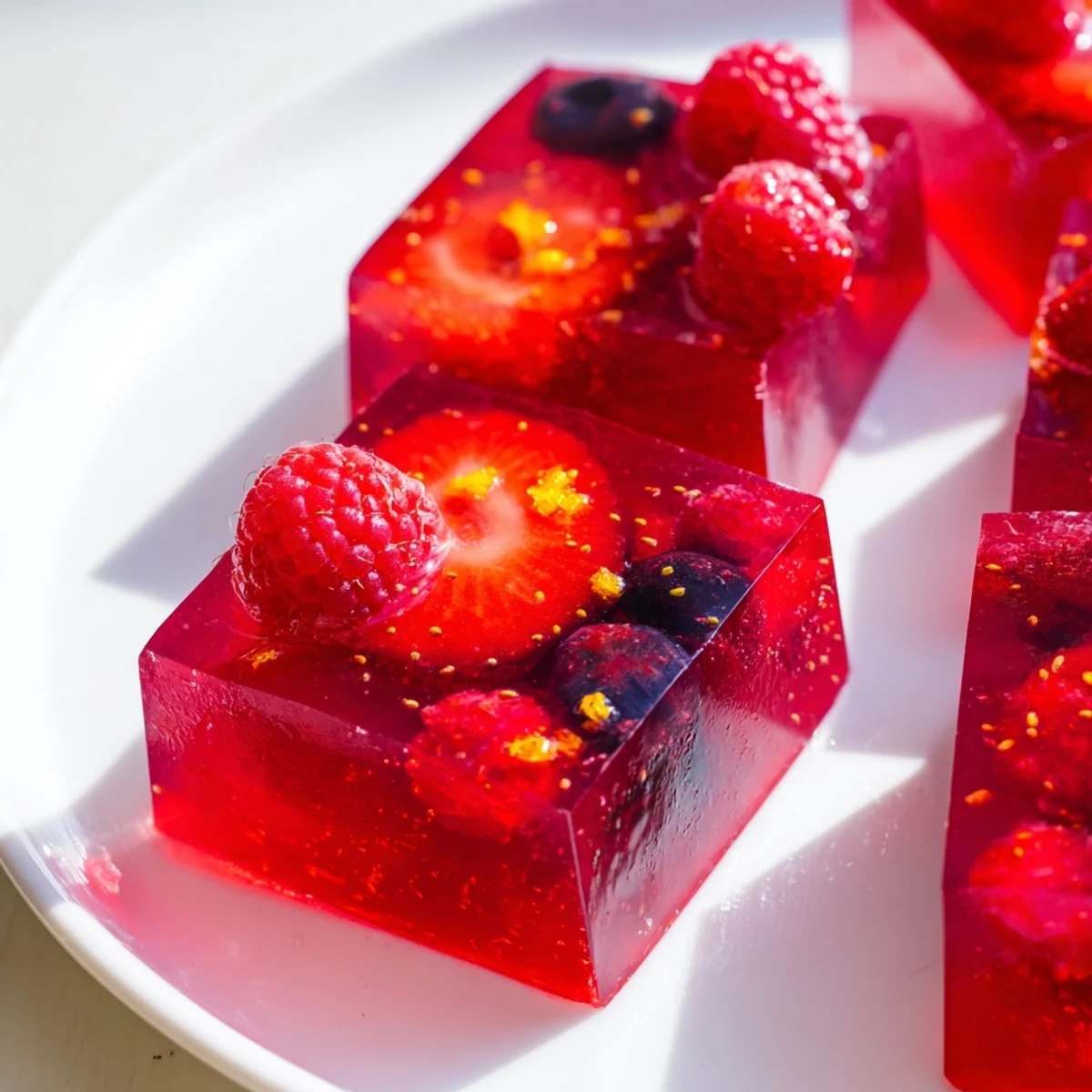 Colorful homemade collagen fruit jellies arranged on a plate, gleaming with natural juice colors