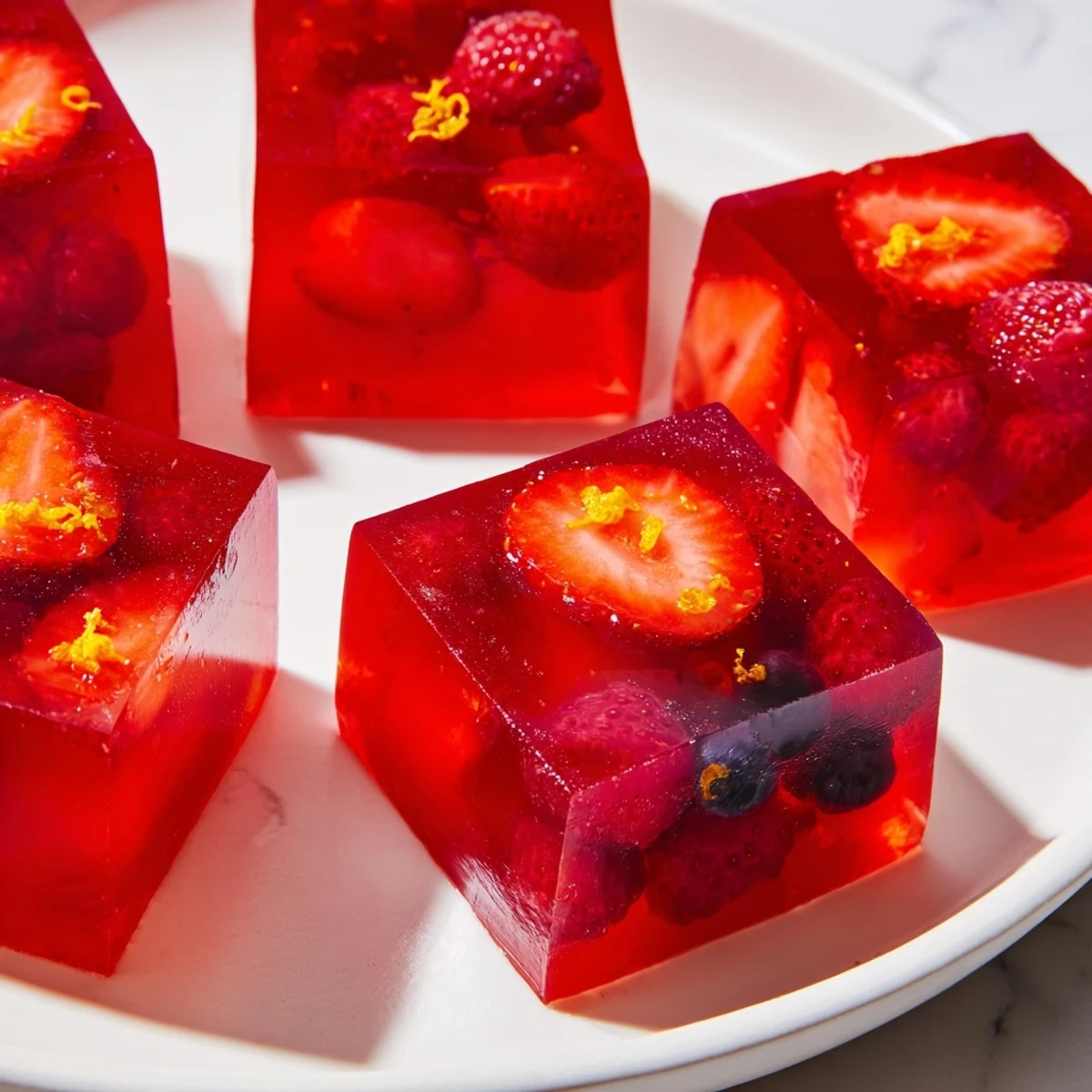 Translucent collagen fruit jellies cut into squares topped with sliced berries and chilled to perfection
