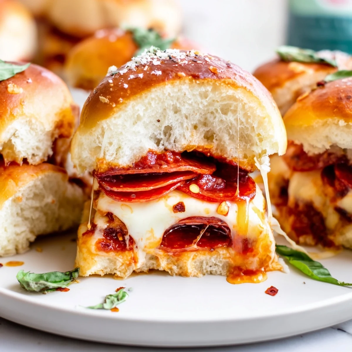 Golden hot honey pepperoni pizza sliders with bubbling mozzarella on soft toasted rolls