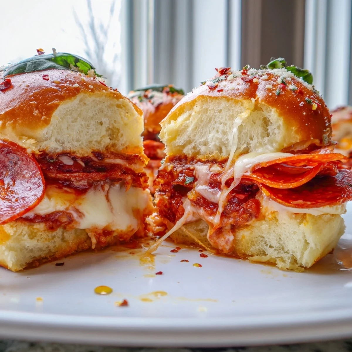 Pepperoni pizza sliders dripping with sweet-hot honey glaze and melted stretchy cheese