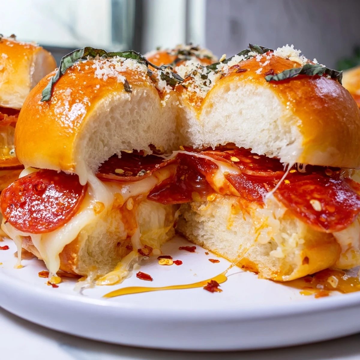Crispy-topped hot honey pepperoni pizza sliders pulled apart revealing gooey mozzarella filling