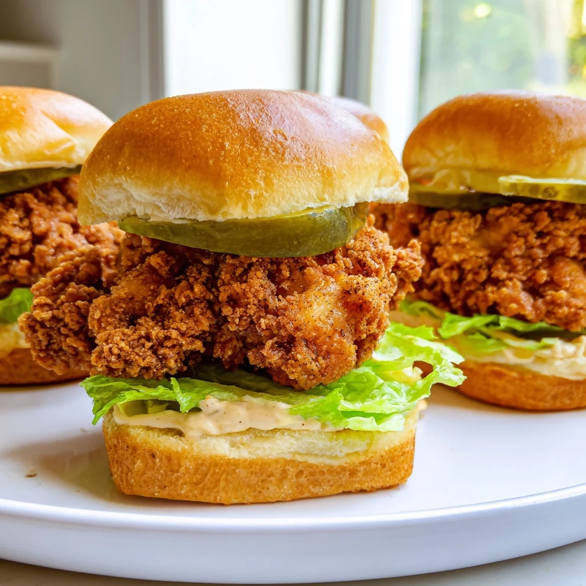Crunchy pickle brined fried chicken sliders topped with creamy mustard mayo on toasted buns