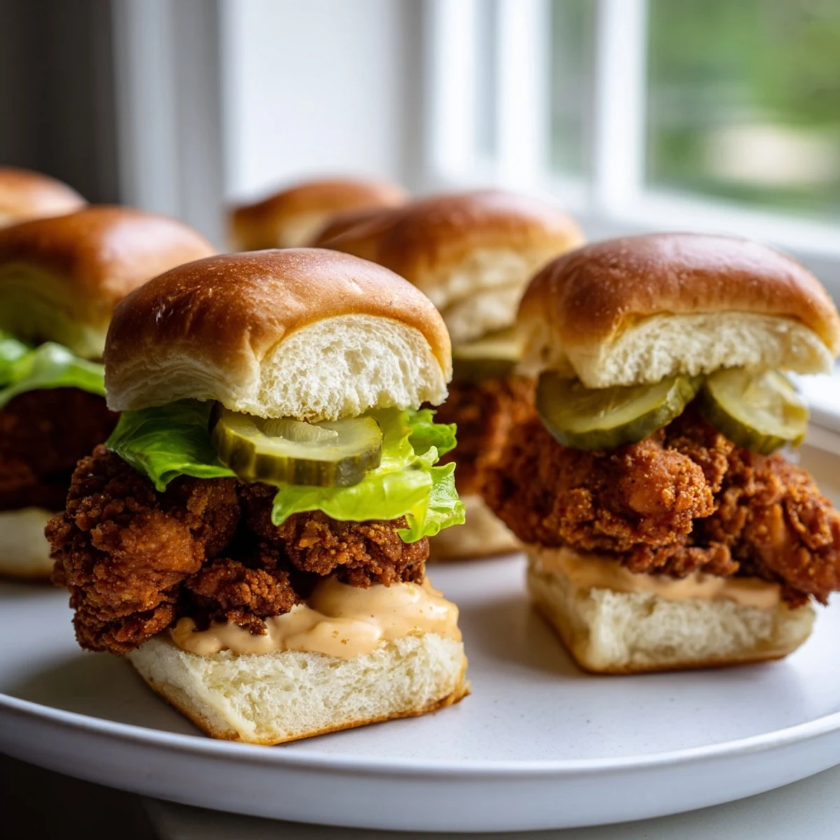 Golden crispy pickle brined fried chicken sliders stacked on soft buns with lettuce and pickles