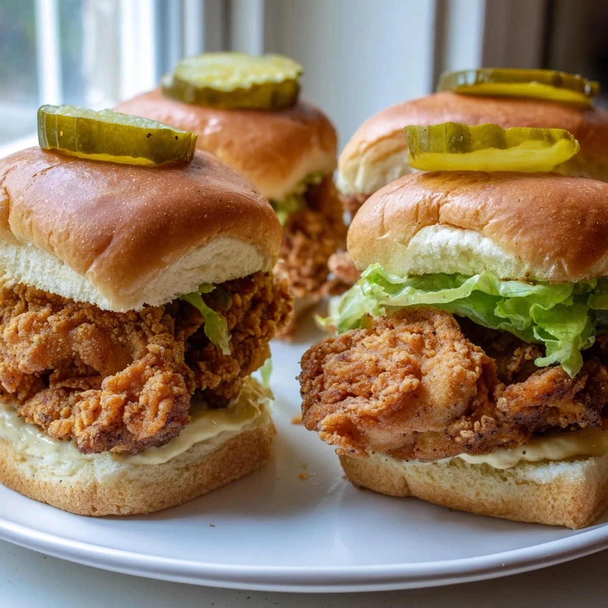 Juicy pickle brined fried chicken sliders served hot with dill pickles and fresh lettuce