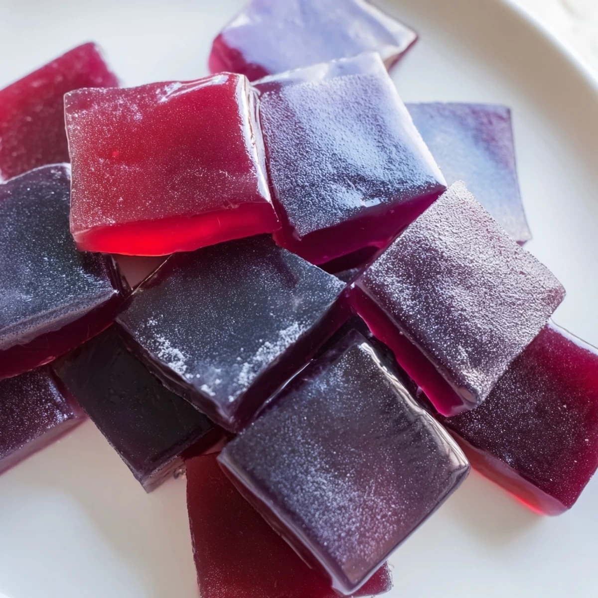 Colorful collagen fruit jellies arranged on a wooden board, glistening with fresh fruit colors