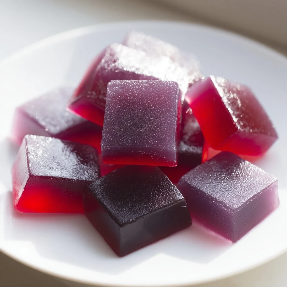 Bite-sized collagen fruit jellies stacked in a glass jar, showcasing their vibrant berry hues