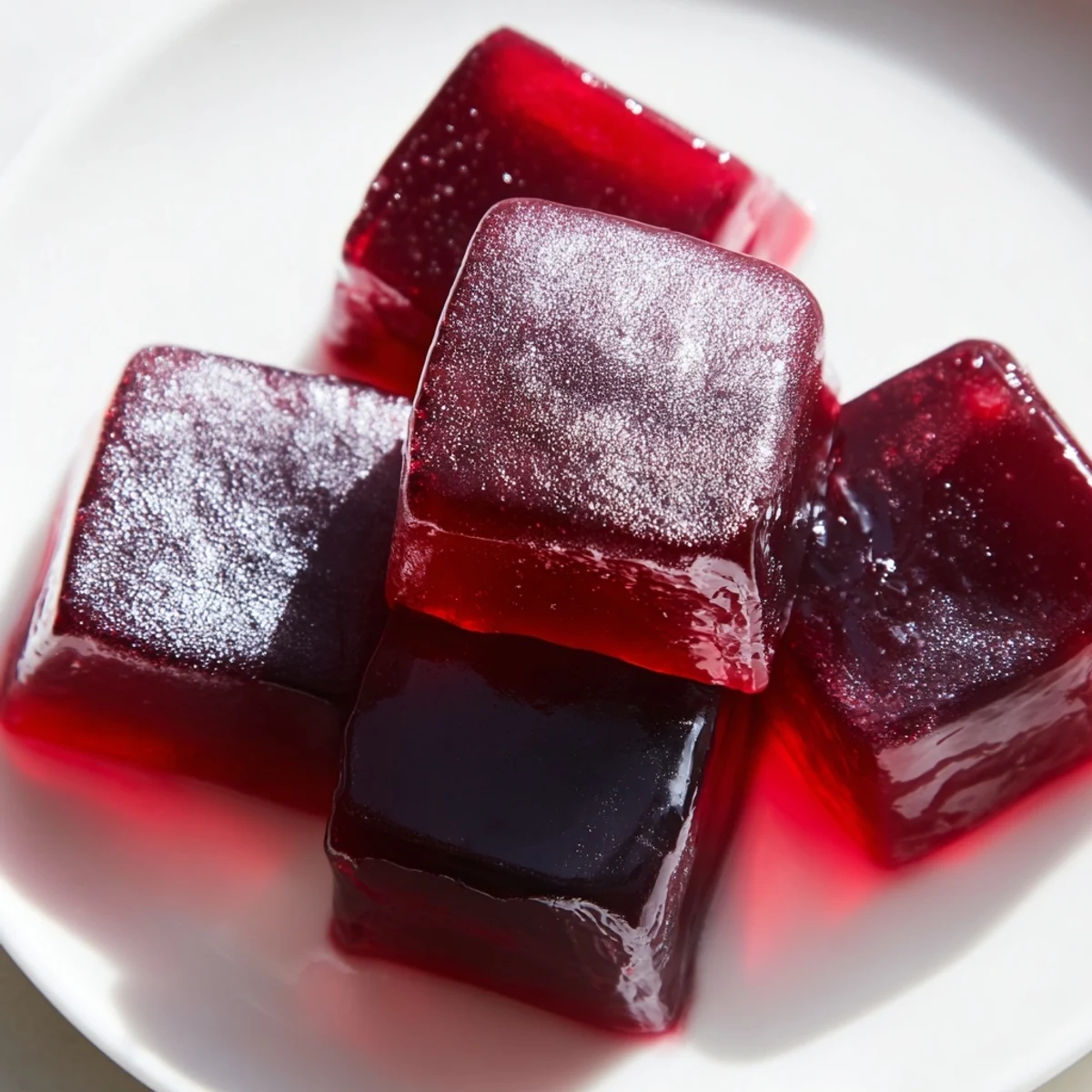 Sparkling jewel-toned collagen fruit jellies resting in silicone molds, dusted with light cornstarch