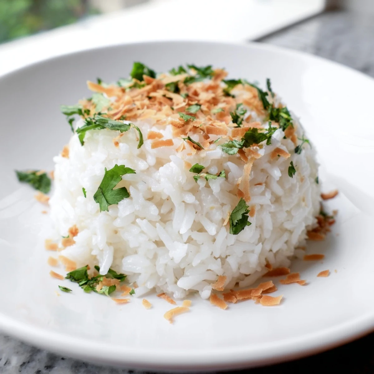 Creamy coconut rice served alongside a vibrant Thai curry in a white dish