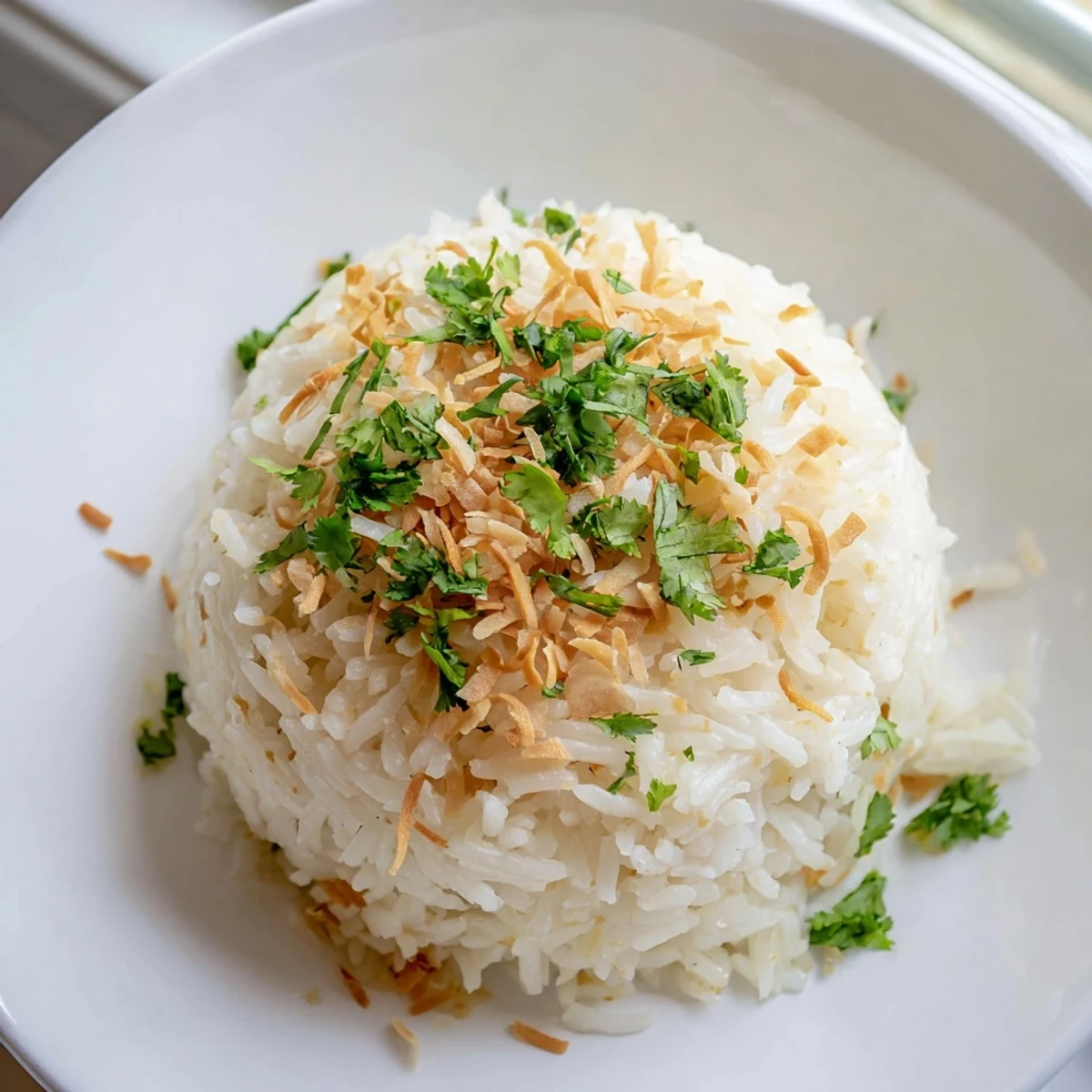 Steaming bowl of coconut rice topped with toasted coconut flakes and cilantro