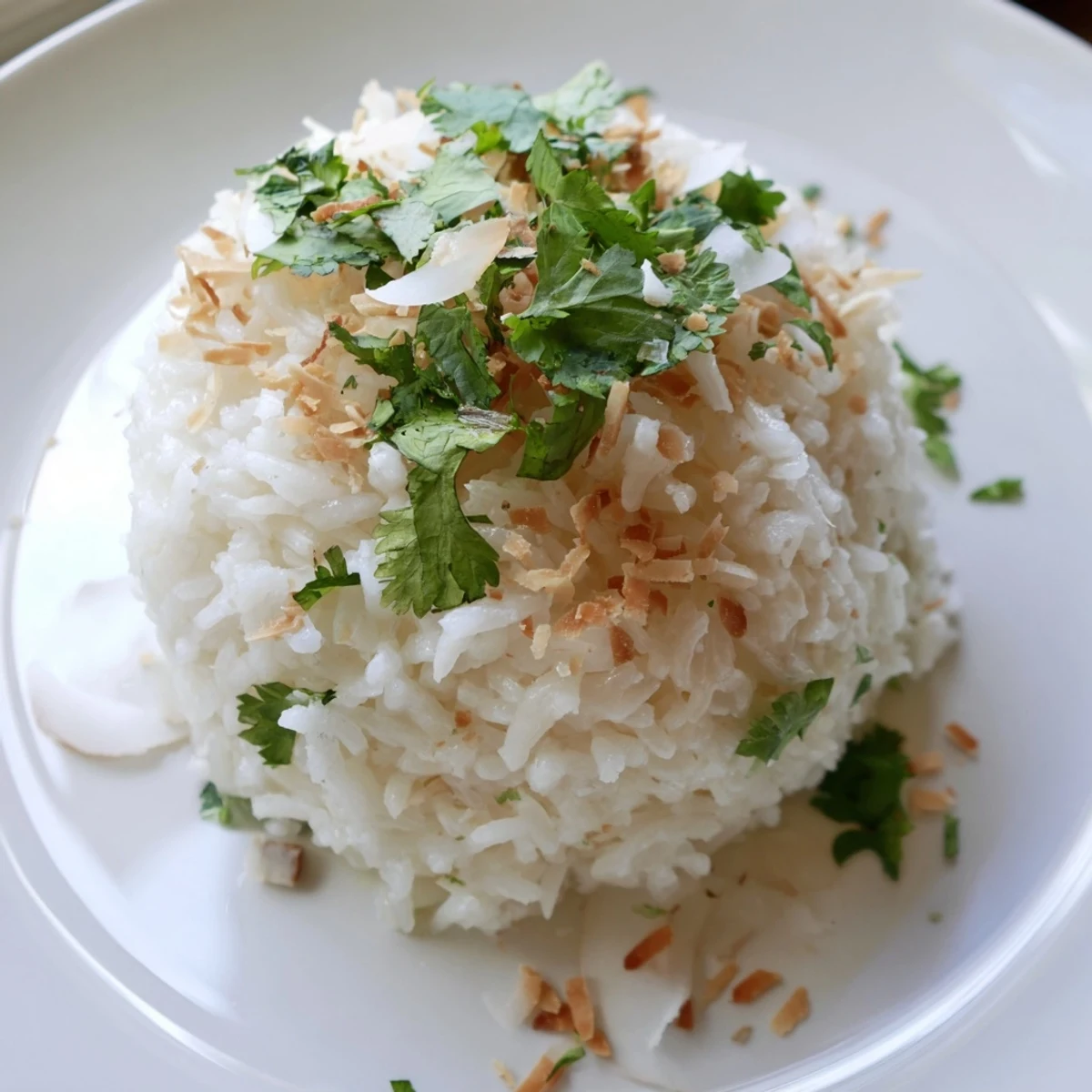 Fluffy coconut rice garnished with fresh cilantro and shredded coconut in a bowl