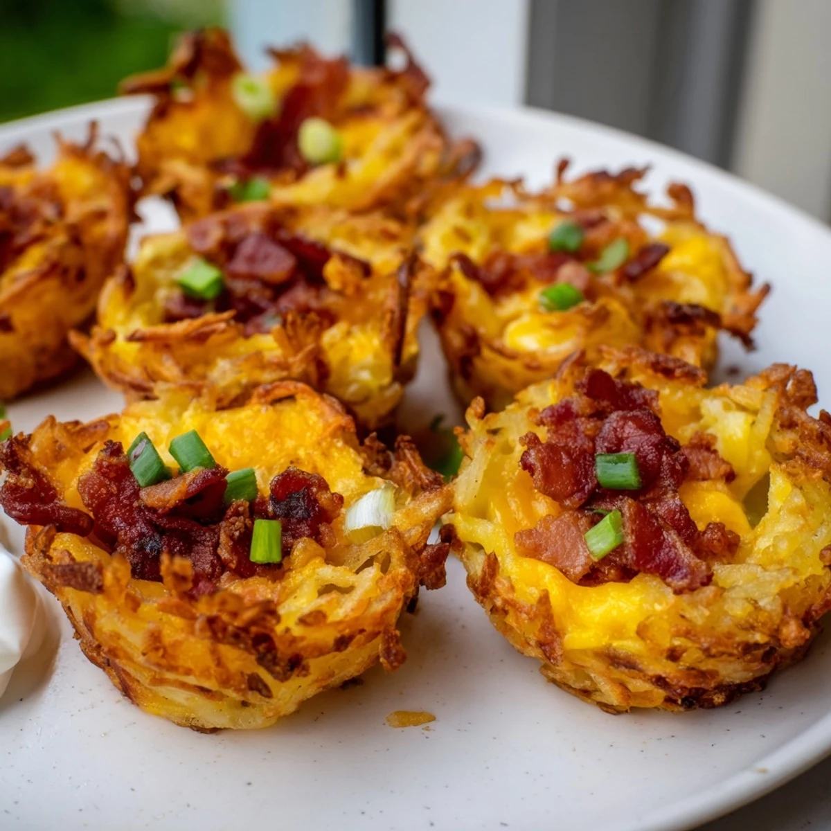 Golden crispy cheesy loaded hashbrown bites topped with bacon and green onions