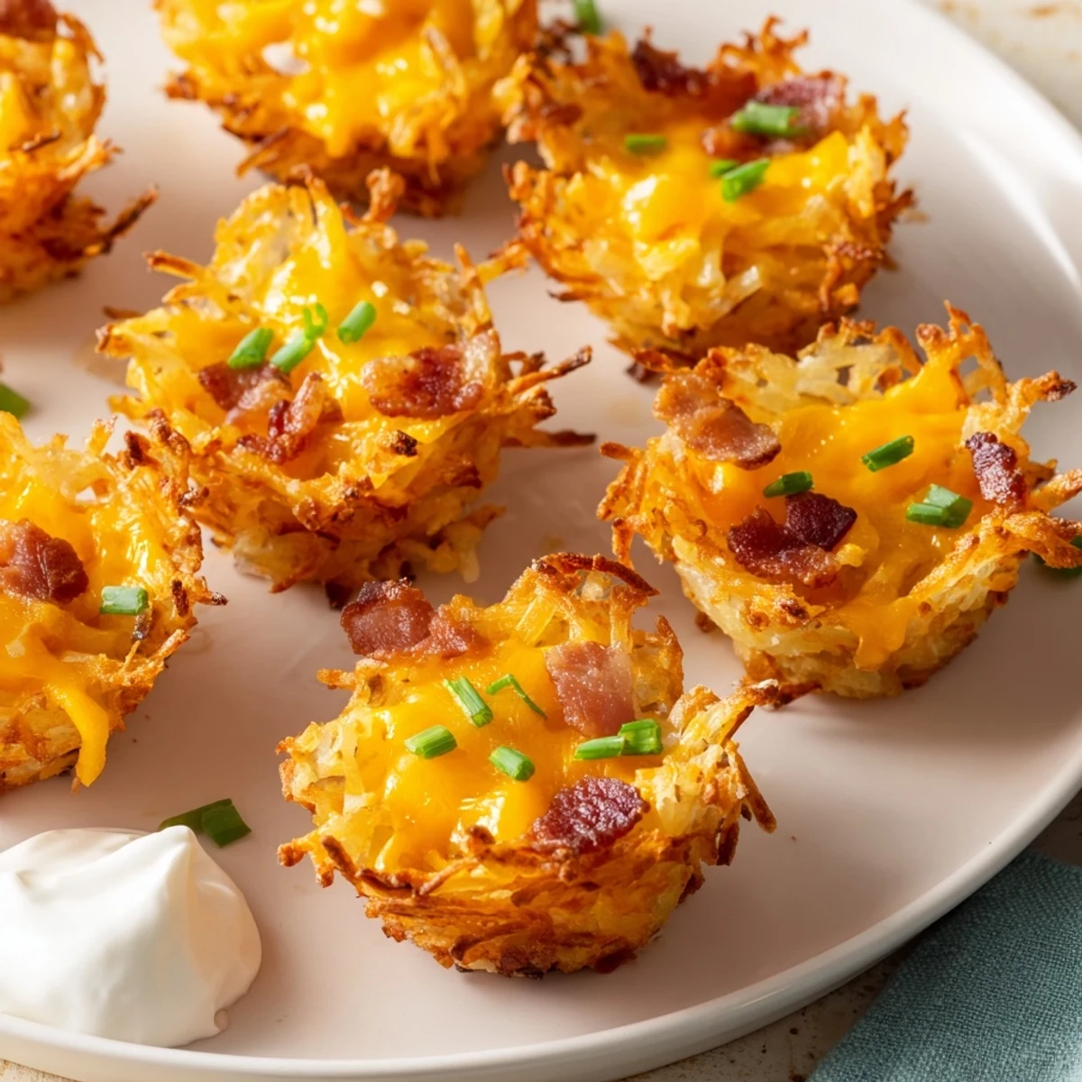 Mini muffin tin filled with cheesy loaded hashbrown bites baking until golden