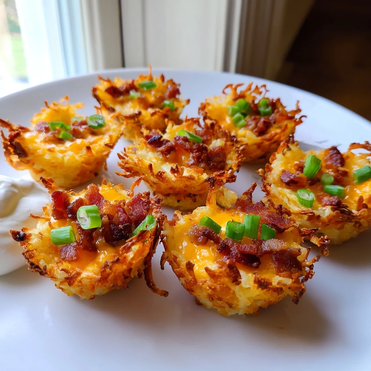 Cheesy loaded hashbrown bites on a platter served with cool sour cream dip