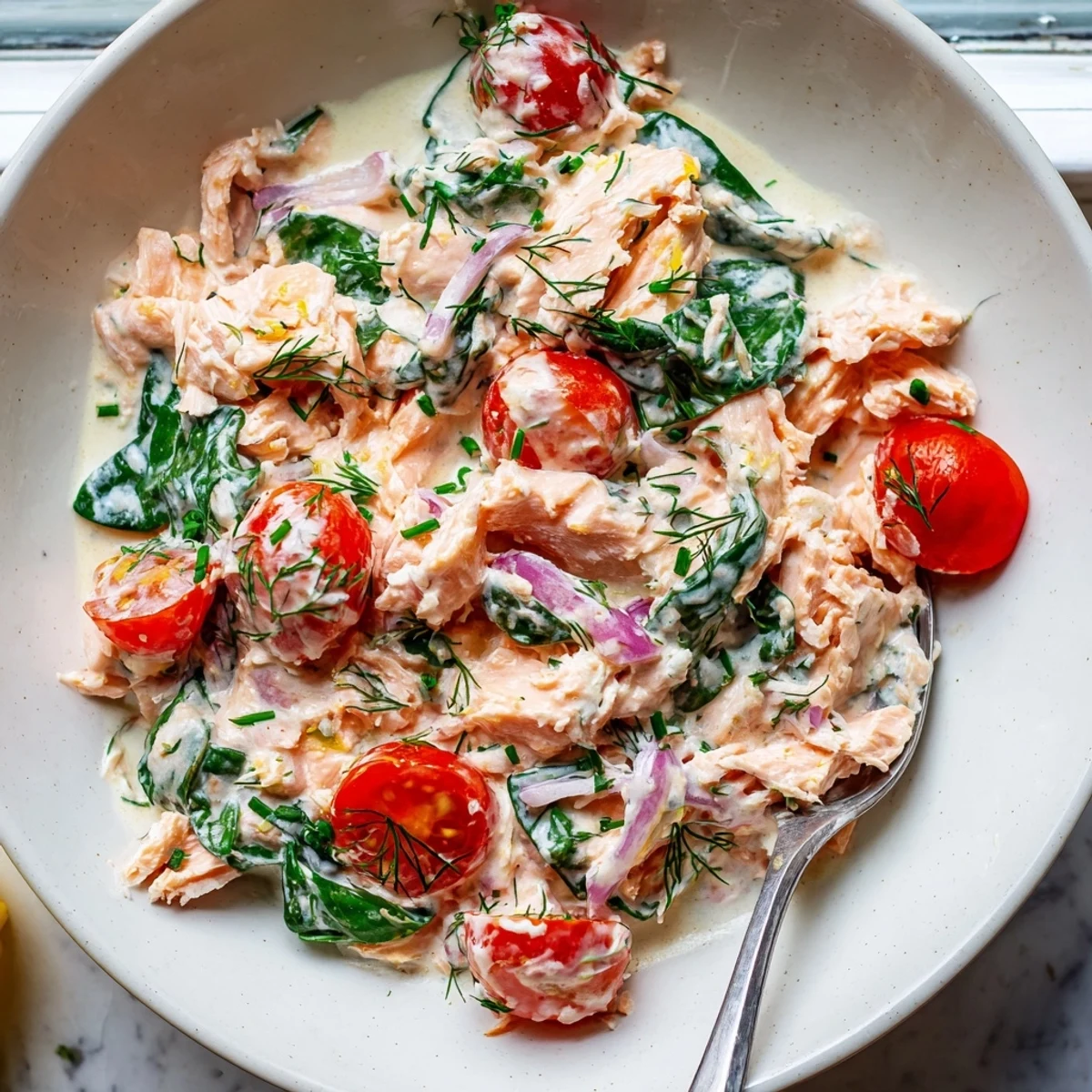 Healthy creamy leftover salmon recipe topped with chives over a bed of quinoa