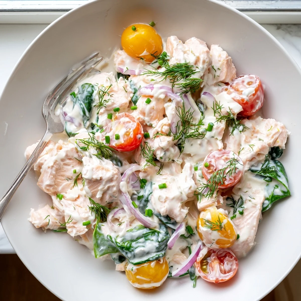 Bowl of creamy leftover salmon with wilted spinach, cherry tomatoes, and a lemon wedge