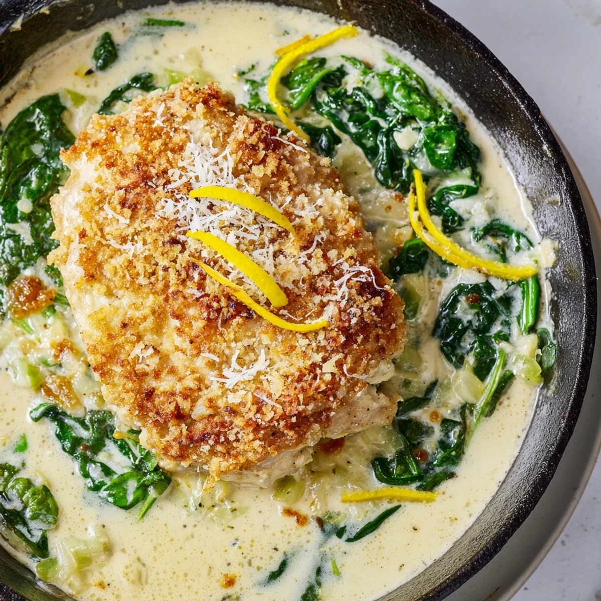 Golden seared Lemon Parmesan Spinach Chicken nestled in a creamy garlic sauce with wilted greens