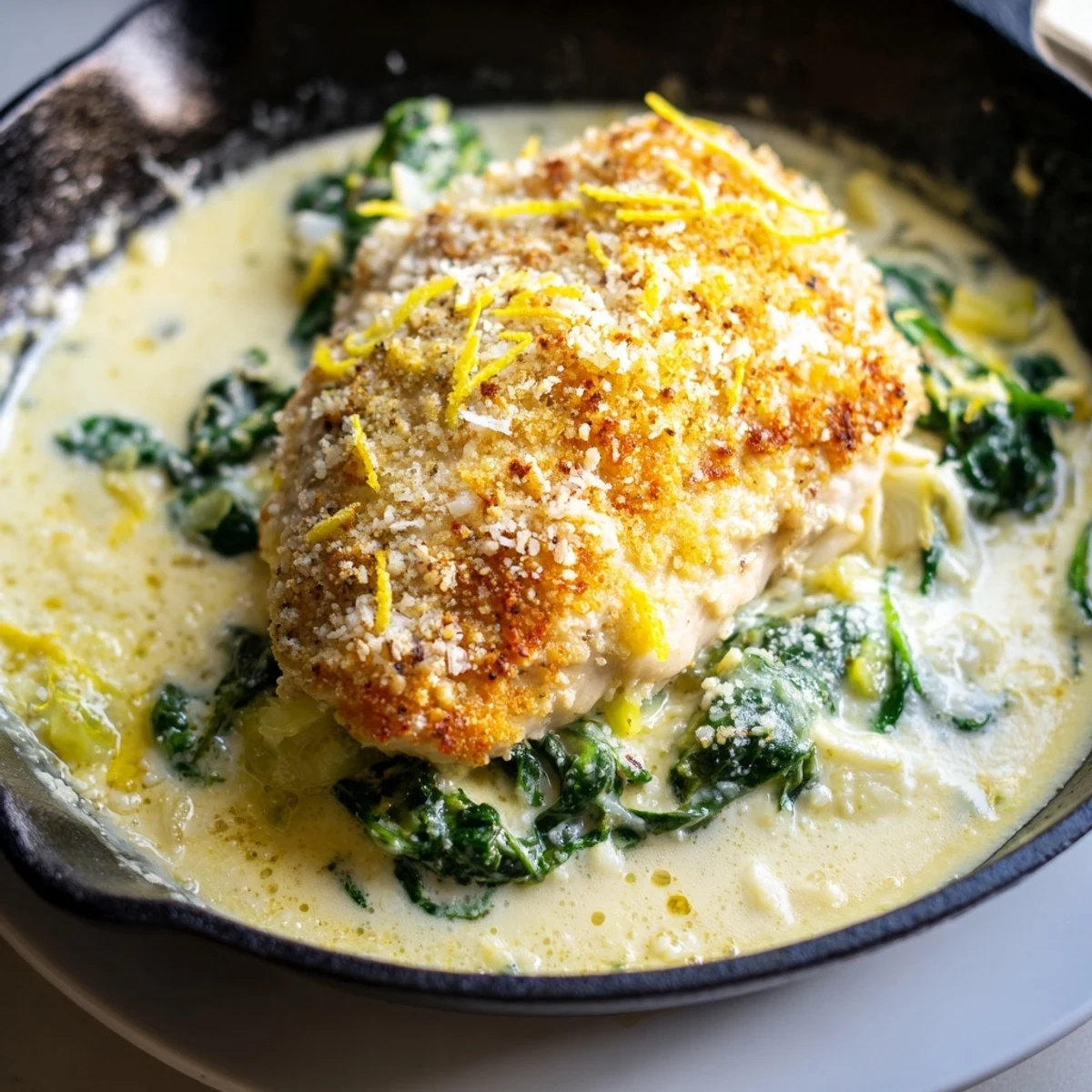 Juicy Lemon Parmesan Spinach Chicken breasts topped with melted cheese and bright citrus zest