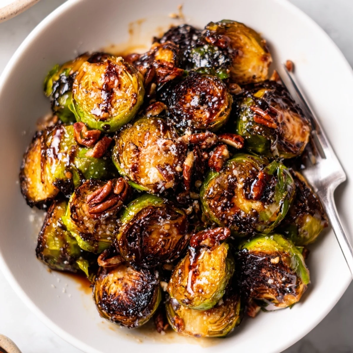 Crispy honey balsamic Brussels sprouts roasted golden on a parchment-lined baking sheet
