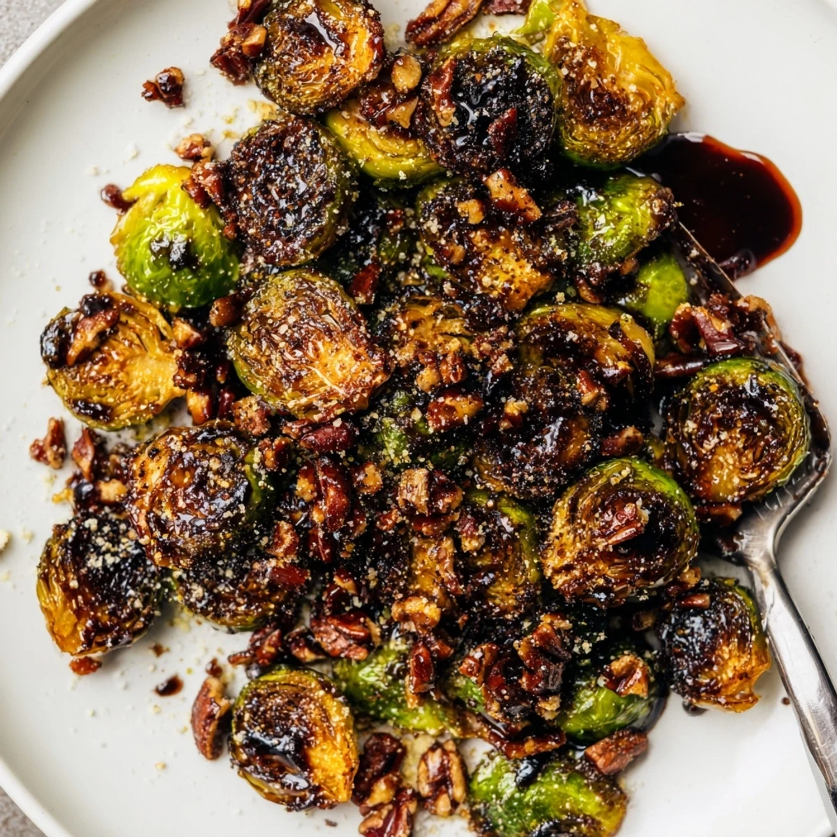 Honey balsamic Brussels sprouts glistening with glossy glaze topped with toasted pecans