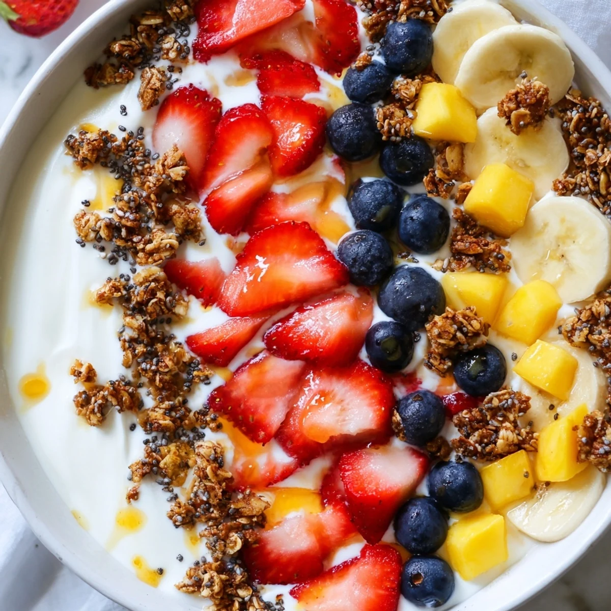 Creamy yogurt fruit bowl topped with fresh strawberries, blueberries, and crunchy granola