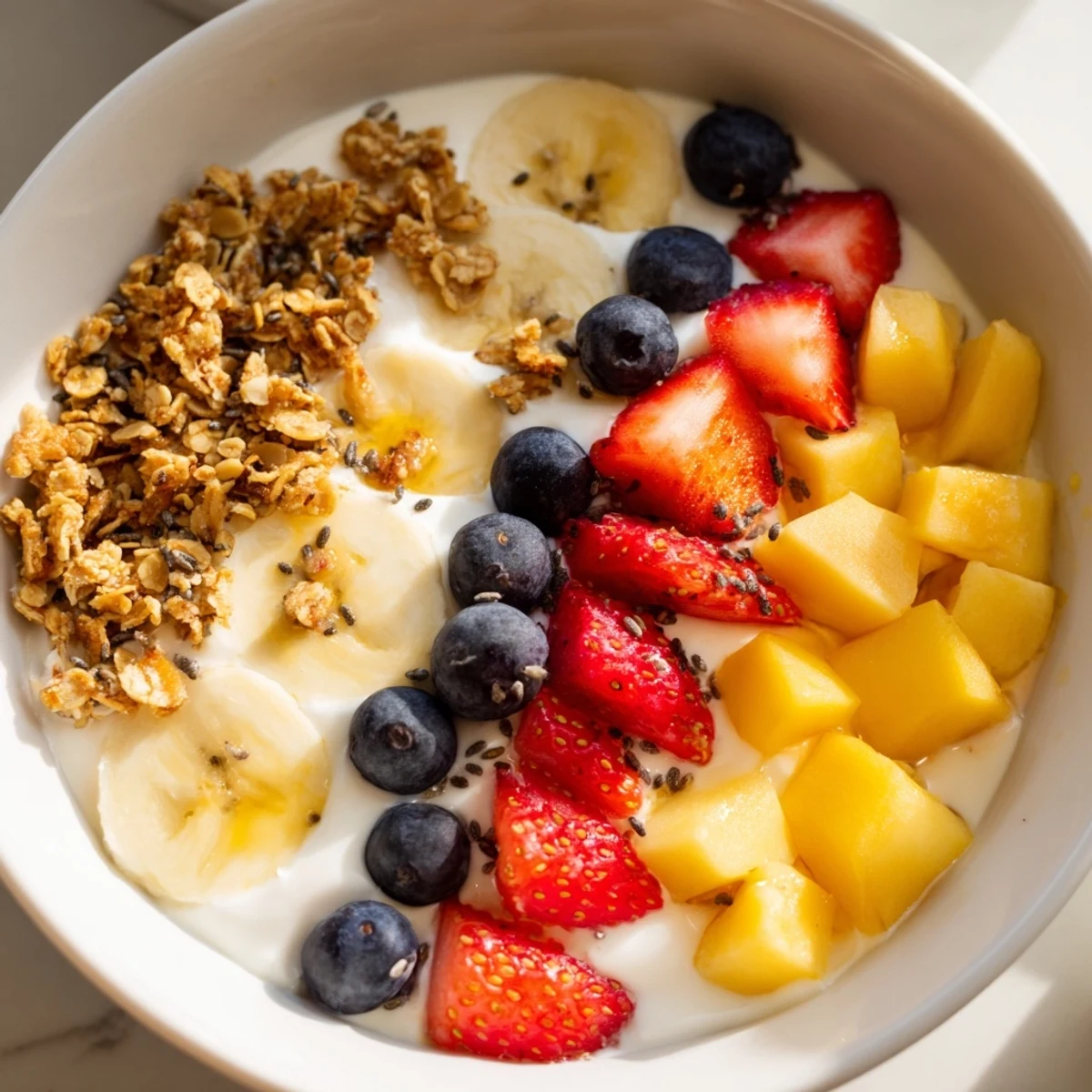 Vibrant yogurt fruit bowl drizzled with honey, chia seeds, and ripe mango slices