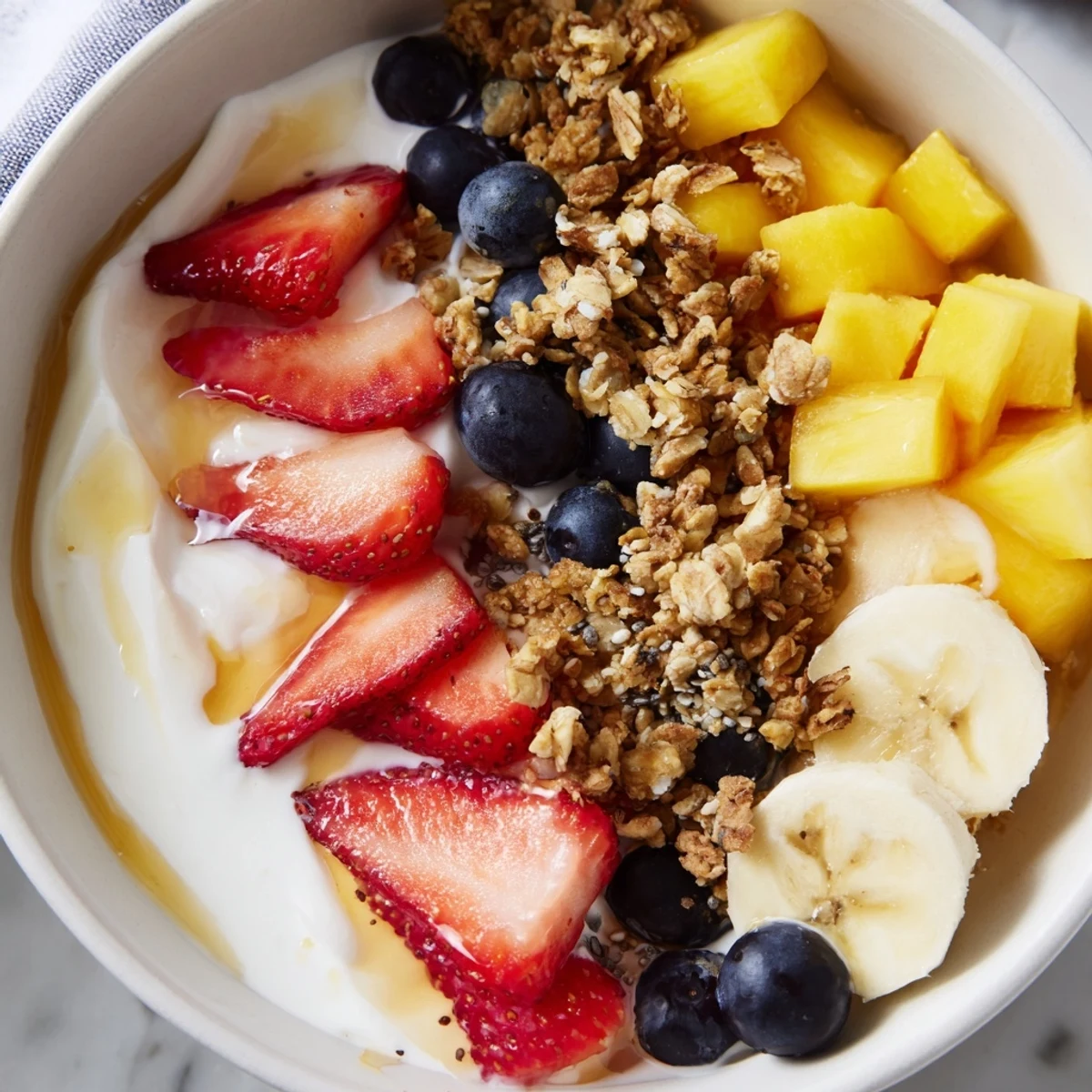 Thick Greek yogurt fruit bowl crowned with colorful fresh berries and banana coins