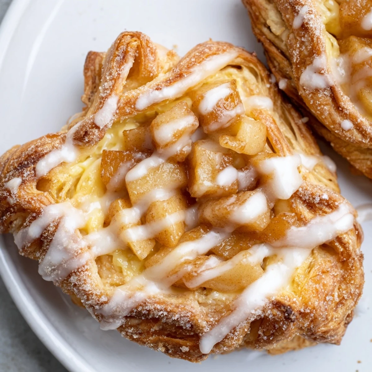 Golden apple cheese danishes with flaky pastry, creamy filling, and spiced apple topping on parchment paper