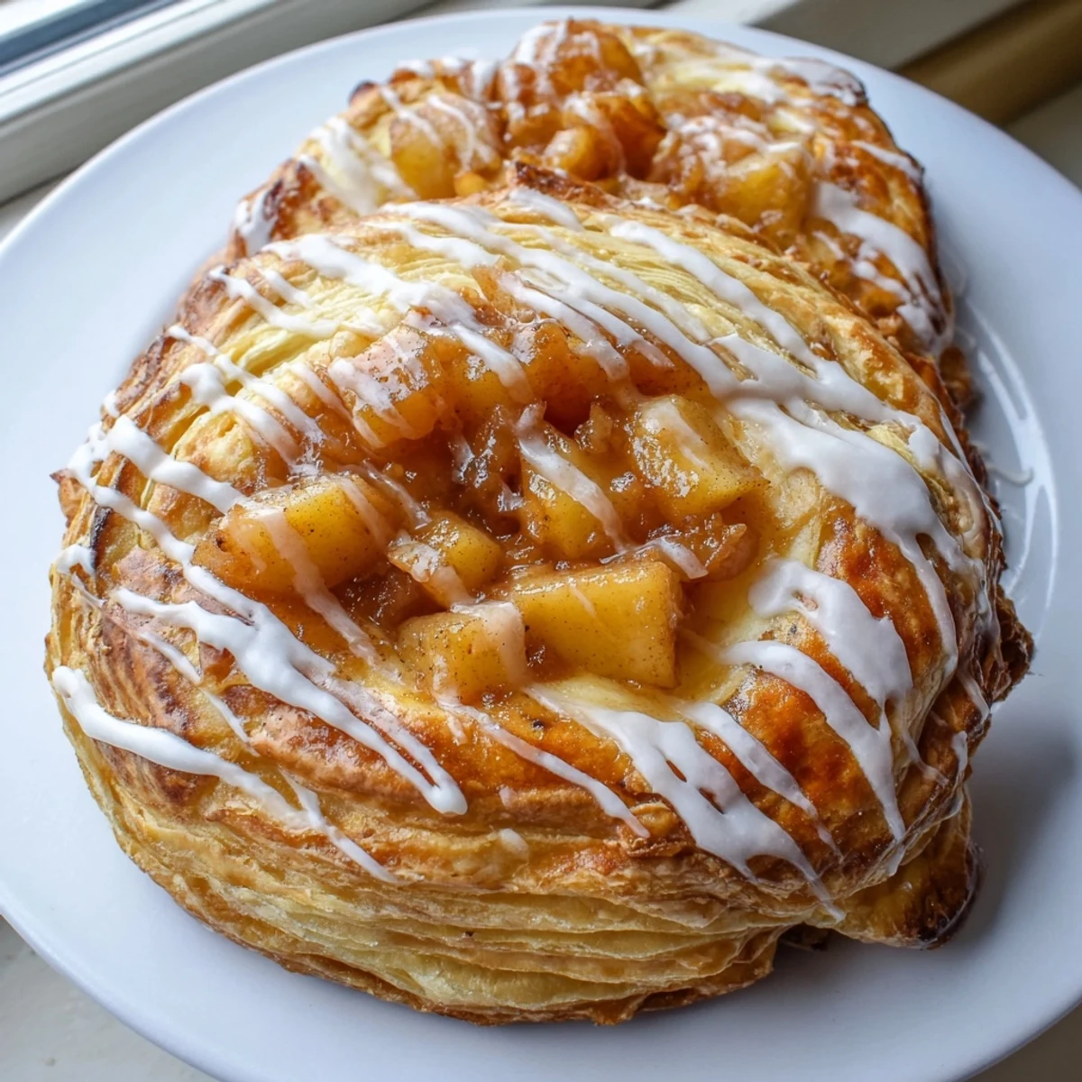 Warm apple cheese danishes drizzled with sweet icing, served fresh on a rustic baking sheet